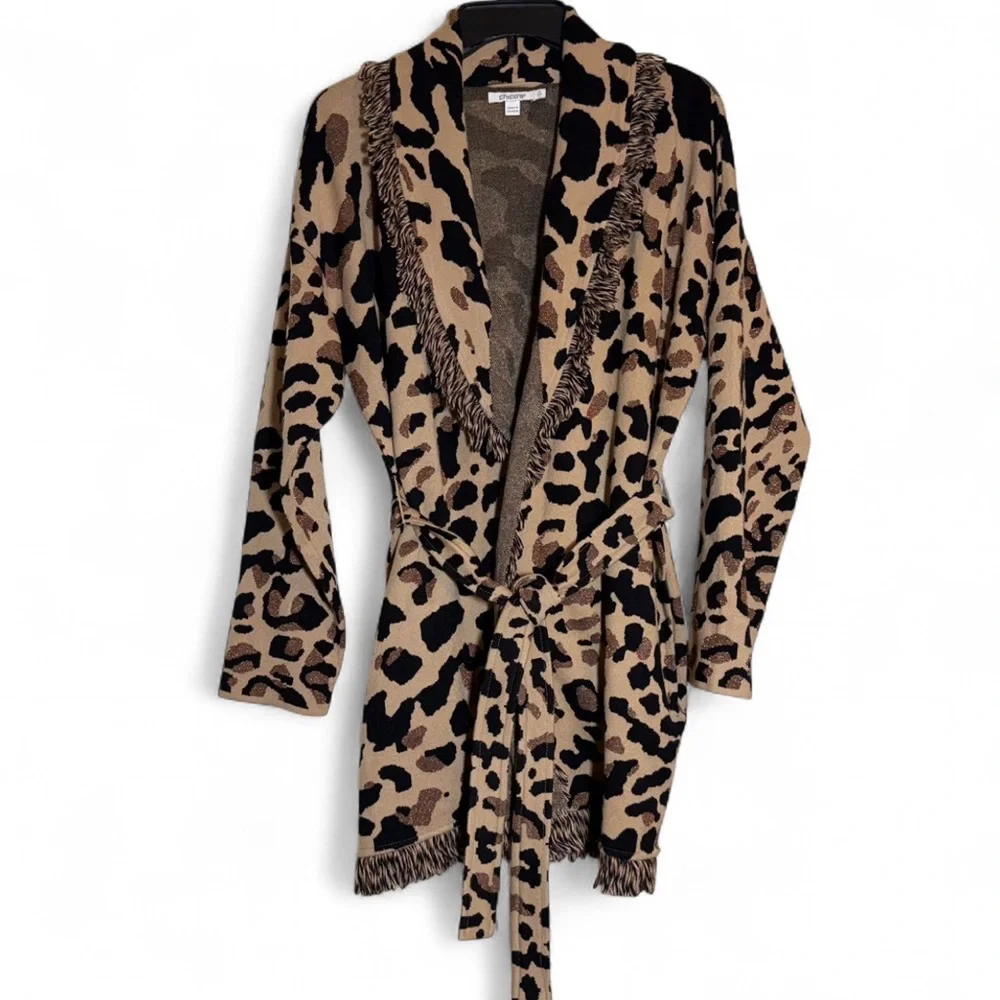 Chico’s Leopard Print Cardigan with Fringe size 2/ large - Picture 3 of 5